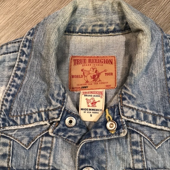 True Religion Jimmy Light Wash Distressed Trucker Denim Jacket size S - Picture 4 of 11